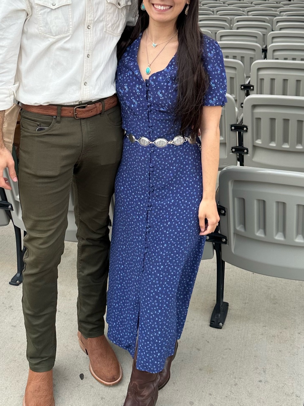 Blue Button-Front Midi Dress with Cowboy Belt